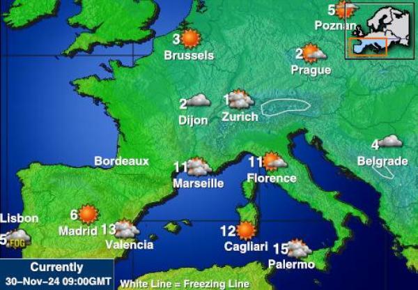 Rakousko Mapa počasí teplota 