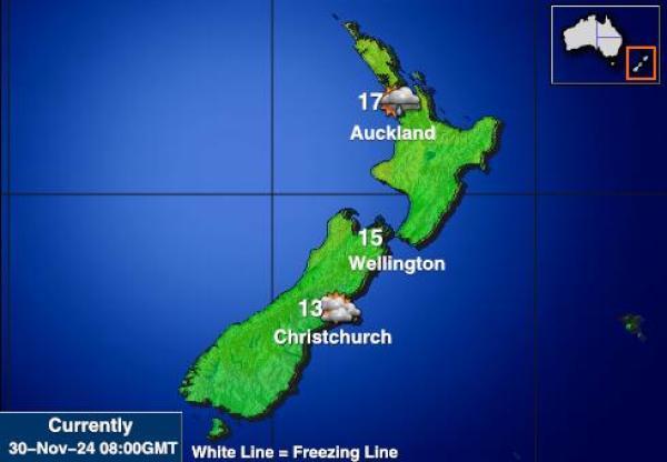 New Zealand Mapa počasí teplota 