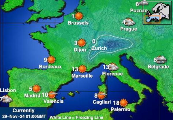 Portugal Vremenska prognoza, Temperatura, karta 