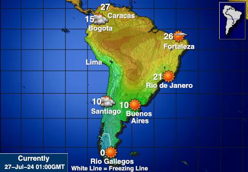 दक्षिण अमेरिका मौसम का तापमान मानचित्र 